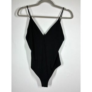 Reformation‎ Black Ribbed Bodysuit Medium Stretchy Minimalist Neutral Plunging